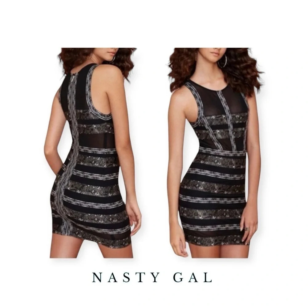 0475W. NASTY GAL BANDAGE BODYCON‎ MINI DRESS BLACK/BROWN/WHITE IN COLOR SIZE XS